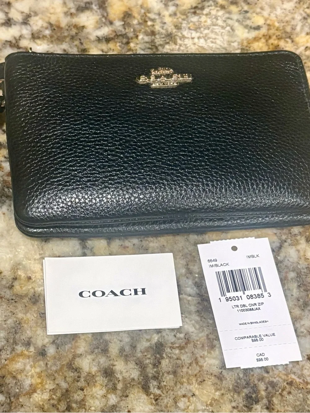 Coach Black Pebbled Leather Wristlet Wallet with Gold Logo